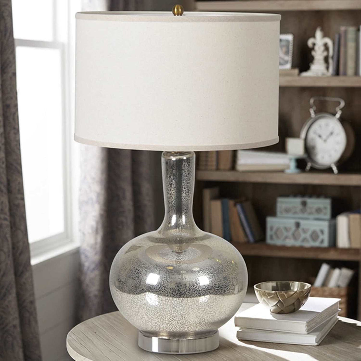 Mercury Glass Gourd Table Lamp – Gold Speckled Linen Drum Shade