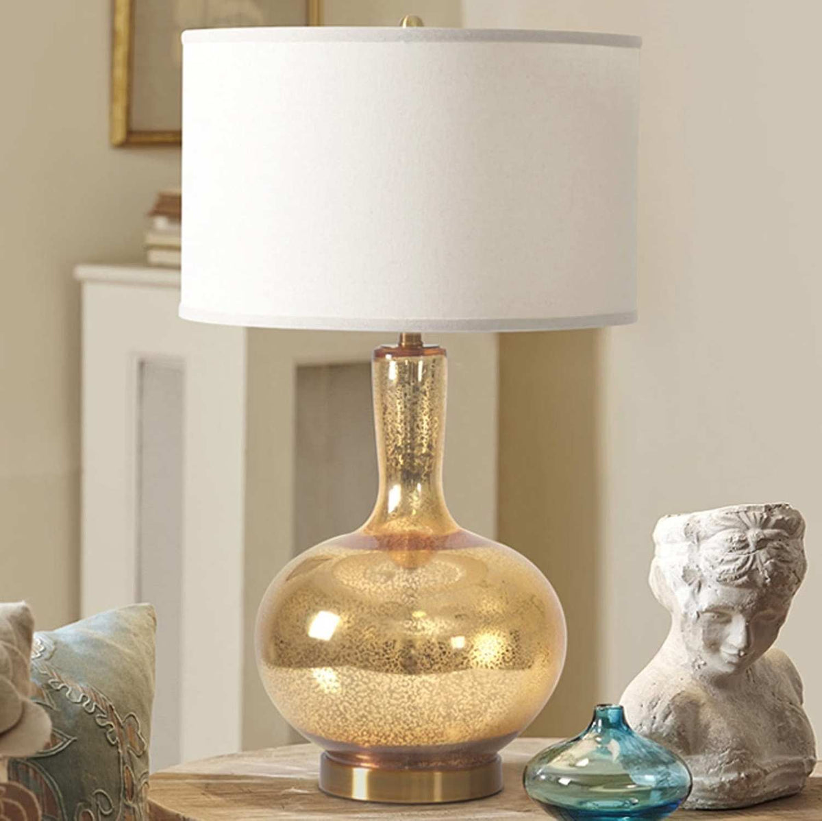 Mercury Glass Gourd Table Lamp – Gold Speckled Linen Drum Shade