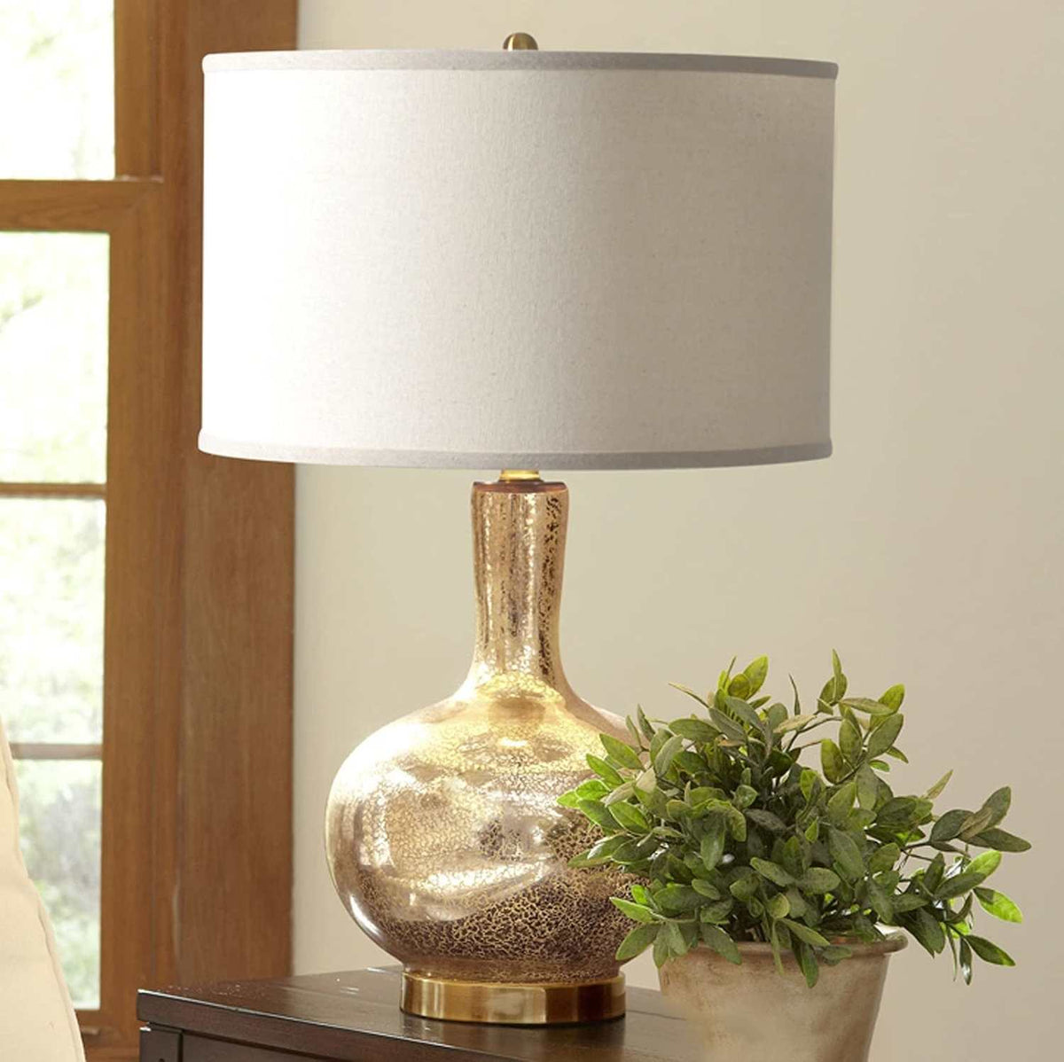 Mercury Glass Gourd Table Lamp – Gold Speckled Linen Drum Shade